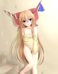 Rule 34 | 1girl, bare shoulders, blush, bottomless, breasts, brown hair, cleavage, covering privates, female focus, horns, ibuki suika, legs, long hair, naked sweater, nipple slip, nipples, no panties, pink eyes, pussy, red eyes, ribbon, small breasts, solo, stairs, sweater, tears, touhou, uncensored, very long hair, yoye (pastel white)
