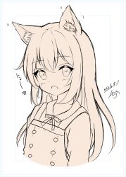 Rule 34 | 1girl, animal ear fluff, animal ears, asashio (kancolle), blush, brown theme, cat ears, collared shirt, commentary request, cropped torso, dakkusu, dated, dress, fang, hair between eyes, highres, kantai collection, kemonomimi mode, long hair, looking at viewer, monochrome, open mouth, pinafore dress, shirt, signature, simple background, sleeveless, sleeveless dress, solo, translation request, upper body, very long hair, white background
