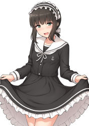 Rule 34 | 1girl, alternate costume, anchor symbol, black dress, black hair, commentary request, cowboy shot, dress, fubuki (kancolle), gothic lolita, green eyes, hairband, highres, kantai collection, lolita fashion, lolita hairband, long hair, looking at viewer, low ponytail, nakamura sumikage, ponytail, sailor collar, sailor dress, short ponytail, sidelocks, simple background, skirt hold, smile, solo, thighhighs, white background, white sailor collar