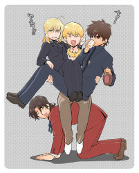 Rule 34 | 1girl, 3boys, all fours, artoria pendragon (all), artoria pendragon (fate), blonde hair, bottle, brown eyes, brown hair, carrying, cross, drink, facial hair, fang, fate/zero, fate (series), formal, gilgamesh (fate), goatee, green eyes, human chair, human furniture, jewelry, kotomine kirei, long hair, multiple boys, necklace, official alternate costume, pant suit, pants, ponytail, princess carry, saber (fate), shigoroo, sitting, sitting on person, suit, tears, tohsaka tokiomi, translated