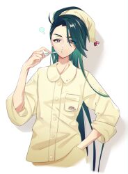 Rule 34 | 1girl, ahoge, alternate costume, breast pocket, bright pupils, brushing teeth, bubble, buttons, character print, clodsire, collared shirt, commentary request, creatures (company), game freak, green hair, hat, highres, holding, holding toothbrush, long hair, mochitsuki kagami, nightcap, nintendo, pants, pocket, pokemon, pokemon sv, red eyes, rika (pokemon), shirt, sleeves rolled up, solo, squeans, toothbrush, white background, white pupils, yellow hat, yellow pants, yellow shirt