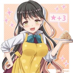 Rule 34 | 1girl, apron, bandana, black hair, bow, fang, food, fried rice, green bow, hair ribbon, halterneck, hand on own hip, kantai collection, long hair, looking at viewer, multicolored hair, naganami (kancolle), one-hour drawing challenge, onigiri, ootori (kyoya-ohtori), open mouth, pink hair, plate, ribbon, school uniform, shirt, sleeves rolled up, twitter username, two-tone hair, upper body, wavy hair, wavy mouth, white shirt, yellow apron