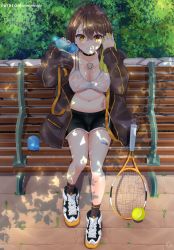 Rule 34 | 1girl, ahoge, azur lane, ball, baltimore (azur lane), baltimore (black ace) (azur lane), bandaid, bandaid on leg, bench, black choker, black shorts, blush, bottle, braid, breasts, brown hair, brown jacket, brown socks, chest tattoo, choker, cleavage, collarbone, commentary request, covered erect nipples, dappled sunlight, flower tattoo, french braid, full body, hair between eyes, helvetica std, highres, holding, holding bottle, holding towel, impossible clothes, jacket, large breasts, long sleeves, looking at viewer, midriff, navel, off-shoulder jacket, off shoulder, open clothes, open jacket, parted lips, patreon username, racket, shadow, shoes, short hair, short shorts, shorts, sidelocks, signature, sitting, sneakers, socks, solo, sports bra, stomach tattoo, striped clothes, striped socks, sunlight, tattoo, tennis ball, tennis racket, towel, vertical-striped clothes, vertical-striped socks, water bottle, wet bra, white footwear, white sports bra, yellow eyes