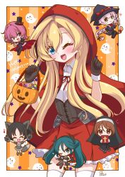 6+girls abukuma_(halloween_mode)_(kancolle) abukuma_(kancolle) alternate_costume animal_ears animal_hands bible_(object) black_gloves blonde_hair blue_hair book broom cape capelet chibi cloak collared_shirt cosplay cowboy_shot demon_girl dress_shirt ghost gloves hair_between_eyes hair_down halloween_bucket highres hood hooded_cape isuzu_(kancolle) jack-o&#039;-lantern kantai_collection kinu_(kancolle) little_red_riding_hood_(grimm) little_red_riding_hood_(grimm)_(cosplay) long_hair multiple_girls nagara_(kancolle) natori_(kancolle) nun official_alternate_hairstyle one_eye_closed orange_background paw_gloves pirikara_spicy_tapioca red_capelet red_cloak red_hood riding shirt smile solo_focus striped_background tail vampire_costume werewolf_costume white_shirt witch wolf_ears wolf_tail yura_(kancolle)