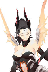Rule 34 | 1girl, absurdres, adapted costume, ahoge, alternate hair color, alternate hairstyle, black gloves, black hair, black leotard, breasts, cleavage, clothing cutout, dark persona, demon girl, demon horns, devil mercy, earrings, elbow gloves, facial mark, forehead mark, gloves, highres, holding, holding staff, horns, jewelry, leotard, light smile, looking at viewer, mechanical wings, medium breasts, mercy (overwatch), navel cutout, official alternate costume, orange wings, overwatch, overwatch 1, pointy ears, ponytail, red eyes, ri (1071362165), simple background, sketch, solo, staff, strapless, strapless leotard, stud earrings, upper body, white background, wings
