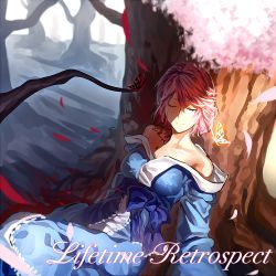 Rule 34 | 1girl, against tree, bare shoulders, blood, blood on face, blue dress, bug, butterfly, cherry blossoms, collarbone, corpse, dress, closed eyes, forest, bug, long sleeves, nature, no headwear, no headwear, off shoulder, petals, pink hair, saigyouji yuyuko, sash, smile, solo, touhou, tree, u u zan, wide sleeves