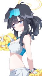 Rule 34 | 1girl, absurdres, animal ears, bangle, bare arms, bare shoulders, black hair, blue archive, blue eyes, blush, bracelet, breasts, cheerleader, cowboy shot, crop top, dog ears, dog girl, dog tail, eyewear on head, fuuna, goggles, goggles on head, halo, hibiki (blue archive), hibiki (cheer squad) (blue archive), highres, holding, holding pom poms, jewelry, long hair, looking at viewer, midriff, millennium cheerleader outfit (blue archive), pom pom (cheerleading), pom poms, ponytail, simple background, skirt, solo, tail, white background