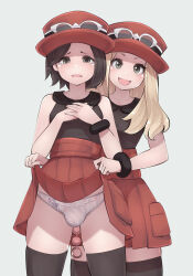 Rule 34 | 1boy, 1girl, absurdres, anal, anal beads, anal object insertion, black shirt, black thighhighs, blonde hair, bracelet, brown eyes, brown hair, bulge, clothes lift, cosplay, creatures (company), crossdressing, eyewear on headwear, femdom, game freak, hands on own chest, hat, high-waist skirt, highres, jewelry, kikiu bd, matching hair/eyes, matching outfits, mega ring, nintendo, object insertion, open mouth, panties, pleated skirt, pokemon, pokemon xy, porkpie hat, red hat, red skirt, serena (pokemon), serena (pokemon) (cosplay), sex toy, shirt, skirt, skirt lift, sleeveless, sleeveless shirt, sunglasses, tearing up, thighhighs, underwear, white-framed eyewear, white panties