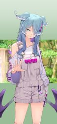 Rule 34 | 1girl, blue eyes, collarbone, commentary, elira pendora, elira pendora (1st costume), english commentary, gloves, grey gloves, grey overalls, hair over one eye, head wings, highres, kitanxjk, long hair, low wings, nijisanji, nijisanji en, off shoulder, one eye covered, open hand, overall shorts, overalls, single glove, smile, solo, sweater, virtual youtuber, white sweater, wings