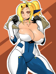 Rule 34 | 1girl, blonde hair, breasts, cleavage, hdkg, large breasts, phantasy star, phantasy star universe, pointy ears, resized, solo