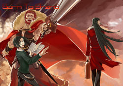 Rule 34 | 3boys, armor, beard, black hair, book, cape, dual persona, facial hair, fate/stay night, fate/zero, fate (series), green eyes, green hair, iskandar (fate), jacket, long coat, long hair, lord el-melloi ii, male focus, multiple boys, aged up, pteruges, red eyes, red hair, red jacket, suitcase, sword, very long hair, waver velvet, weapon, wirttian