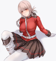 Rule 34 | 1girl, arm support, black skirt, blush, boots, breasts, dutch angle, expressionless, fate/grand order, fate (series), florence nightingale (fate), gloves, grey hair, highres, jacket, knee boots, knee up, large breasts, pantyhose under shorts, long braid, looking at viewer, military, military uniform, pantyhose, red eyes, red jacket, shorts, skirt, solo, uniform, white footwear, white gloves, zundakun0123