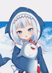 Rule 34 | 1girl, :d, :o, animal hood, bloop (gawr gura), blue eyes, blue hair, blue hoodie, commentary request, day, eyebrows hidden by hair, fins, fish tail, gawr gura, gawr gura (1st costume), highres, hololive, hololive english, hood, hood up, hoodie, long sleeves, looking at viewer, multicolored hair, open mouth, parted lips, satori (ymoy), shark hood, shark tail, sharp teeth, silver hair, sleeves past fingers, sleeves past wrists, smile, streaked hair, tail, teeth, upper body, virtual youtuber