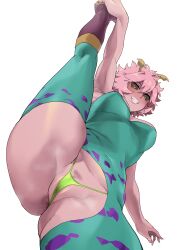 Rule 34 | 1girl, absurdres, anus, anus peek, ashido mina, ass, black sclera, bodysuit, boku no hero academia, breasts, colored sclera, colored skin, curvy, female pubic hair, flexible, foreshortening, green panties, highres, horns, huge ass, large breasts, leg up, looking at viewer, minakami (flyingman555), panties, pink hair, pink skin, pubic hair, shiny skin, short hair, smile, solo, split, standing, standing on one leg, standing split, thick thighs, thighs, thong, torn bodysuit, torn clothes, underwear, white background, wide hips, yellow eyes