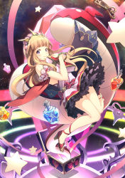 Rule 34 | 1girl, blonde hair, blush, book, cagliostro (granblue fantasy), cape, closed mouth, commentary request, dress, granblue fantasy, heart, high heels, highres, holding, holding book, key, long hair, looking at viewer, pectorals, pink dress, purple eyes, red cape, red footwear, sandals, sky, solo, space, star (sky), star (symbol), starry sky, tiara, very long hair, vial, yoshino ryou
