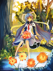 Rule 34 | 00s, 1girl, blue hair, cape, floating, flower, forest, hoshino yumemi, long hair, long sleeves, looking at viewer, nature, necktie, planetarian, plant, pond, red eyes, red necktie, sitting, solo, standing, tori (pixiv315673), torinohito, tree, very long hair, water