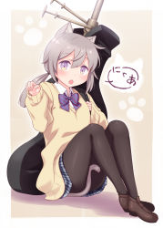 Rule 34 | 1girl, alternate costume, animal ears, black pantyhose, blue bow, blue skirt, bolt action, bow, brown footwear, brown sweater, cat ears, cat girl, cat tail, claw pose, collared shirt, commentary request, diagonal stripes, full body, girls&#039; frontline, grey hair, gun, hair between eyes, hand up, harada (sansei rain), highres, kemonomimi mode, knees up, loafers, long hair, long sleeves, looking at viewer, low twintails, m200 (girls&#039; frontline), name connection, object namesake, pantyhose, plaid, plaid skirt, pleated skirt, purple eyes, shirt, shoes, sidelocks, sitting, skirt, sleeves past wrists, solo, striped, striped bow, sweater, tail, translation request, twintails, weapon, white shirt