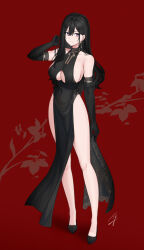 Rule 34 | 1girl, bare shoulders, black footwear, black gloves, black hair, blush, breasts, classy-black-haired girl (hayabusa), closed mouth, commentary request, earrings, elbow gloves, floral background, full body, gloves, hand up, hayabusa, highres, jewelry, large breasts, long hair, looking at viewer, mole, mole on breast, mole under mouth, original, purple eyes, red background, sideboob, signature, smile, solo, standing, thighs