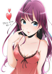 Rule 34 | 10s, 1girl, :3, bare shoulders, blue eyes, blush, breasts, camisole, chromatic aberration, cleavage, earrings, frills, heart, highres, ichinose shiki, idolmaster, idolmaster cinderella girls, jewelry, lips, long hair, looking at viewer, medium breasts, murabito c, pointing, pointing at self, purple hair, solo, spaghetti strap