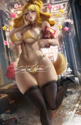 Rule 34 | 1girl, animal ears, artist name, bikini, black footwear, blonde hair, blush, book, breasts, cleavage, curly hair, curvy, dog ears, dog tail, animal crossing, female focus, high heels, holding, holding book, indoors, large breasts, lips, long hair, nintendo, office, parted lips, patreon username, personification, sakimichan, isabelle (animal crossing), signature, skindentation, solo, swimsuit, tail, thick thighs, thighhighs, thighs, watermark, web address, wide hips