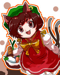 Rule 34 | 1girl, absurdres, animal ear fluff, animal ears, basket, blush, bow, bowtie, bread, brown eyes, brown hair, carrot, cat ears, cat girl, cat tail, chen, commentary request, cowboy shot, daikon, dress, earrings, fangs, flat chest, food, frilled dress, frills, green hat, hat, highres, holding, holding basket, jewelry, jonasan (bad-t), long sleeves, looking at viewer, medium hair, mob cap, multiple tails, nekomata, one-hour drawing challenge, open mouth, orange outline, radish, red dress, shirt, short hair, single earring, sleeveless, sleeveless dress, smile, solo, spring onion, tail, touhou, two tails, white background, white shirt, yellow bow, yellow bowtie