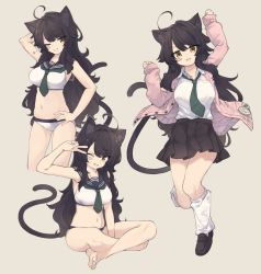 Rule 34 | 1girl, :d, ;d, ahoge, animal ear fluff, animal ears, arm up, bandaid, bandaid on face, bikini, black footwear, black hair, black sailor collar, black skirt, breasts, brown background, cardigan, cat ears, cat girl, cat tail, collarbone, collared shirt, dress shirt, green neckwear, grin, hand on own hip, highres, kneehighs, loafers, long hair, long sleeves, looking at viewer, loose socks, medium breasts, multiple views, natsuki-chan (natsuki teru), natsuki teru, navel, necktie, one eye closed, open cardigan, open clothes, open mouth, original, pink cardigan, pleated skirt, sailor bikini, sailor collar, school uniform, serafuku, shirt, shoes, short necktie, simple background, skirt, sleeves past wrists, smile, socks, standing, standing on one leg, star (symbol), swimsuit, tail, v-shaped eyebrows, v over eye, very long hair, white bikini, white shirt, white socks, yellow eyes