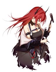 Rule 34 | 1girl, absurdres, arknights, bare shoulders, belt, breasts, cleavage, closed eyes, detached collar, highres, holding, holding microphone stand, horns, infection monitor (arknights), jacket, long hair, medium breasts, microphone, microphone stand, off shoulder, red hair, simple background, solo, surtr (arknights), white background, wiising