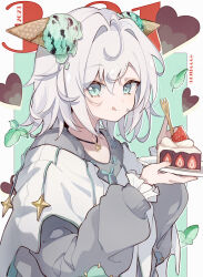 Rule 34 | 1girl, :q, ars almal, blue eyes, cake, cake slice, captain yue, closed mouth, food, food-themed hair ornament, green background, grey hair, grey sweater, hair between eyes, hair ornament, heart, highres, holding, holding plate, holding spork, ice cream hair ornament, long sleeves, looking at viewer, nijisanji, plate, puffy long sleeves, puffy sleeves, smile, solo, sweater, tongue, tongue out, two-tone background, upper body, virtual youtuber, white background