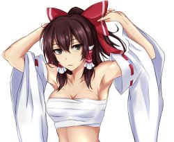 Rule 34 | 1girl, adjusting bow, armpits, arms up, bad id, bad twitter id, bare shoulders, black eyes, black hair, bow, breasts, chest sarashi, cleavage, collarbone, detached sleeves, dressing, hair between eyes, hair bow, hair tubes, hakurei reimu, large breasts, long hair, looking at viewer, parted lips, ponytail, red bow, ribbon-trimmed sleeves, ribbon trim, sarashi, sidelocks, solo, strapless, touhou, tube top, upper body, watarase piro, white background, wide sleeves