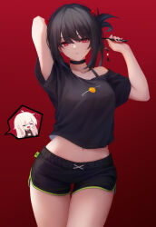 Rule 34 | 1girl, absurdres, alternate hairstyle, angel girl (shimmer), arm up, black-haired demon girl (shimmer), black choker, black hair, black nails, black shirt, black shorts, breasts, choker, cowboy shot, demon horns, gradient background, hand up, highres, holding, horns, large breasts, looking at viewer, medium hair, midriff, nail polish, navel, off shoulder, original, red background, red eyes, shimmer, shirt, shorts, single bare shoulder, solo focus, speech bubble, stomach, thigh gap