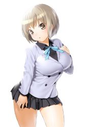 Rule 34 | 10s, 1girl, blush, breasts, brown eyes, brown hair, devil survivor, devil survivor 2, large breasts, looking at viewer, miniskirt, nitta io, onsoku inu, pleated skirt, school uniform, short hair, simple background, skirt, solo, white background