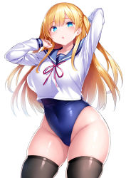 Rule 34 | 1girl, :o, arm behind head, arms up, black thighhighs, blonde hair, blouse, blue eyes, blue one-piece swimsuit, blue sailor collar, breasts, collarbone, competition school swimsuit, covered navel, cowboy shot, crop top, crop top overhang, curvy, highres, large breasts, long hair, long sleeves, looking at viewer, no pants, one-piece swimsuit, open mouth, original, sailor collar, school swimsuit, school uniform, serafuku, shirt, simple background, solo, swimsuit, swimsuit under clothes, thick thighs, thighhighs, thighs, tsukumiya amane, two side up, white background, white shirt, wide hips