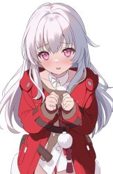 Rule 34 | 1girl, clara (honkai: star rail), collarbone, commentary, commentary request, english commentary, grey hair, hands up, highres, hitsukuya, honkai: star rail, honkai (series), jacket, long hair, long sleeves, looking at viewer, open clothes, open jacket, parted lips, puffy long sleeves, puffy sleeves, purple eyes, red jacket, shirt, simple background, solo, very long hair, white background, white shirt