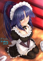 Rule 34 | 1girl, alternate costume, apron, black dress, black hair, black thighhighs, blush, breasts, dress, enmaided, fate/grand order, fate (series), from above, highres, joints, katou danzou (fate), long hair, looking at viewer, maid, maid apron, maid headdress, medium breasts, ponytail, robot joints, sebire, seiza, short sleeves, sitting, solo, thighhighs, waist apron, yellow eyes