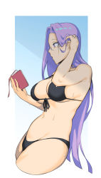 Rule 34 | 1girl, bikini, black bikini, book, breasts, cleavage, dyun, fate (series), female focus, forehead, front-tie bikini top, front-tie top, glasses, highres, holding, holding book, large breasts, long hair, matching hair/eyes, medusa (fate), medusa (rider) (fate), navel, purple eyes, purple hair, reading, simple background, solo, stomach, swimsuit, underboob