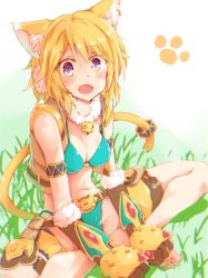Rule 34 | 1girl, :d, animal ear fluff, animal ears, animal hands, aqua bikini, barefoot, bikini, blonde hair, blue bikini, blush, breasts, brown gloves, butterfly sitting, cat ears, cat girl, cat tail, cleavage, commentary request, elbow gloves, fur-trimmed gloves, fur trim, gloves, hair between eyes, hair ornament, hairclip, highres, hiyori (princess connect!), looking at viewer, medium breasts, on grass, open mouth, outdoors, paw gloves, princess connect!, purple eyes, rinrin (927413), sitting, smile, solo, swimsuit, tail