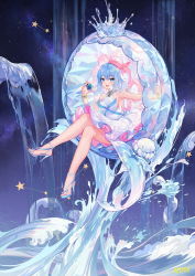 Rule 34 | 1girl, :d, armpits, artist name, atdan, bare arms, bare legs, bare shoulders, blue eyes, blue hair, bracelet, breasts, commentary, dress, haiyi, hat, high heels, highres, holding, jellyfish, jewelry, large breasts, crossed legs, long hair, looking at viewer, open mouth, resolution mismatch, sitting, sleeveless, sleeveless dress, smile, solo, star (symbol), synthesizer v, water, white dress