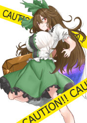 Rule 34 | 1girl, absurdres, arm cannon, bow, brown eyes, brown hair, caution tape, center frills, closed mouth, commentary request, frilled skirt, frills, green bow, green skirt, hair between eyes, hair bow, highres, kuraki, long hair, looking at viewer, reiuji utsuho, shirt, short sleeves, skirt, solo, starry sky print, touhou, weapon, white background, white shirt