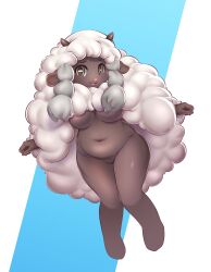 Rule 34 | 1girl, :3, absurdres, animal ears, animal nose, areola slip, barefoot, belly, big hair, blue background, blush, breasts, bright pupils, brown horns, creatures (company), dark-skinned female, dark skin, female focus, furry, furry female, game freak, gen 8 pokemon, grey hair, groin, hands up, happy, highres, hitmanatee, horizontal pupils, horns, knees together feet apart, large breasts, light blush, long hair, looking at viewer, multicolored hair, navel, nintendo, nude, open mouth, personification, pokemon, pokemon (creature), raised eyebrows, sheep ears, sheep girl, sheep horns, sidelocks, simple background, smile, solo, two-tone background, two-tone hair, very long hair, white hair, white pupils, wide hips, wooloo, yellow eyes