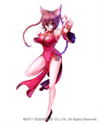 Rule 34 | 1girl, :o, alternate hairstyle, animal ears, bracer, braid, breasts, brown hair, cat ears, china dress, chinese clothes, detached sleeves, dress, fighting stance, full body, glasses, highres, impossible clothes, large breasts, long hair, looking at viewer, mappaninatta, nail polish, official art, outstretched arm, pelvic curtain, purple eyes, side slit, solo, standing, standing on one leg, twin braids, venus rumble, watermark, white background