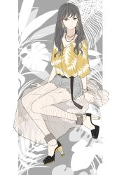 Rule 34 | 1girl, absurdres, belt, bracelet, brown hair, earrings, full body, grey background, grey shorts, high heels, highres, jewelry, keiko (um7mr1), leaf print, looking at viewer, necklace, original, see-through, shirt, short sleeves, shorts, simple background, skirt, solo, yellow shirt