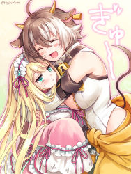 Rule 34 | 2girls, :d, ahoge, animal ears, artist name, bags under eyes, bare shoulders, beige background, bell, blonde hair, blush, blush stickers, breasts, brown hair, closed mouth, commentary request, copyright request, cow ears, cow horns, detached sleeves, dress, ear piercing, green eyes, hagino kouta, hair between eyes, horns, hug, keyhole, large breasts, long hair, long sleeves, multicolored hair, multiple girls, open mouth, piercing, pink dress, pink ribbon, ribbon, shirt, short hair, sleeves past fingers, sleeves past wrists, smile, sweat, translation request, twitter username, two-tone hair, very long hair, white hair, white shirt, white sleeves