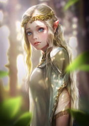 Rule 34 | 1girl, absurdres, armor, backlighting, blonde hair, blue eyes, bluishsalt, blurry, blurry background, dappled sunlight, depth of field, elf, eyelashes, from side, half updo, highres, long hair, looking at viewer, original, parted lips, pauldrons, pointy ears, shoulder armor, solo, standing, sunlight