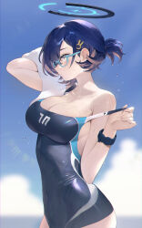 Rule 34 | 1girl, absurdres, alternate costume, alternate hairstyle, aqua eyes, bare shoulders, blue archive, blue hair, blue one-piece swimsuit, blue sky, breasts, chihiro (blue archive), cleavage, closed mouth, cloud, cloudy sky, covered navel, from side, hair ornament, halo, highres, ktr (tpun2553), large breasts, looking ahead, one-piece swimsuit, ponytail, rabbit hair ornament, short hair, sky, solo, strap pull, swimsuit, towel, watch, wet, wet clothes, wet swimsuit, white towel, wristwatch
