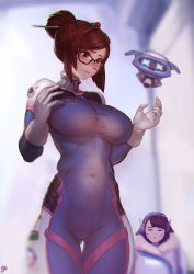 Rule 34 | 2girls, beads, blurry, blush, bodysuit, breast envy, breasts, brown eyes, brown hair, cameltoe, cosplay, costume switch, covered navel, d.va (overwatch), d.va (overwatch) (cosplay), depth of field, facial mark, glasses, gloves, hair bun, hair ornament, hair stick, hairpin, highres, instant ip, large breasts, mei (overwatch), mei (overwatch) (cosplay), multiple girls, navel, overwatch, overwatch 1, plump, robot, see-through, single hair bun, skin tight, snowball (overwatch), standing, taut clothes, thigh gap, whisker markings, white gloves