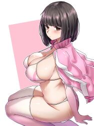 Rule 34 | 1girl, absurdres, bikini, black hair, bob cut, breasts, brown eyes, cleavage, closed mouth, commentary, ebora, elbow gloves, english commentary, expressionless, from side, gloves, gradient gloves, gradient legwear, highres, jacket, jacket on shoulders, kneeling, large breasts, looking at viewer, open clothes, open jacket, pink background, pink gloves, pink jacket, pink thighhighs, short hair, solo, string bikini, sweat, swimsuit, takitsubo rikou, thighhighs, toaru kagaku no railgun, toaru majutsu no index, track jacket, two-tone background, white background, white bikini, white gloves, white thighhighs