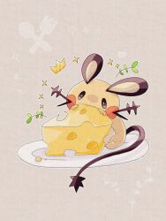 Rule 34 | animal focus, cheese, commentary request, creatures (company), crown, dedenne, eating, food, game freak, gen 6 pokemon, grey background, hanabusaoekaki, highres, mouse (animal), nintendo, no humans, plate, pokemon, pokemon (creature), simple background, solid oval eyes, solo, sparkle, tail