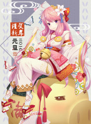 Rule 34 | 1girl, absurdres, animal, animal print, bell, blue ribbon, bow, breasts, bug, butterfly, chinese zodiac, cleavage, commentary request, detached sleeves, floral print, flower, hair bow, hair flower, hair ornament, hair ribbon, highres, insect, japanese clothes, kimono, long hair, long sleeves, looking at viewer, medium breasts, nengajou, new year, orange flower, original, pig, pink hair, purple eyes, red bow, ribbon, sandals, sitting, solo, translation request, w-t, white flower, white legwear, wide sleeves, year of the pig