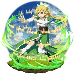 Rule 34 | 1girl, black footwear, blonde hair, bracelet, braid, collarbone, detached sleeves, faux figurine, floating hair, front slit, full body, green eyes, green skirt, hair between eyes, hair ornament, high ponytail, highres, jewelry, leafa, long hair, long skirt, long sleeves, official art, open mouth, pointy ears, shorts, shorts under skirt, skirt, solo, sword art online, sword art online: code register, thighhighs, transparent background, twin braids, very long hair, white shorts, white sleeves, white thighhighs