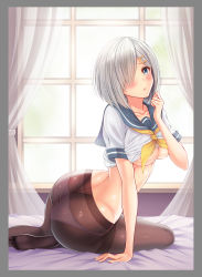 Rule 34 | 10s, 1girl, ass, black pantyhose, blue eyes, blush, breasts, butt crack, hair ornament, hair over one eye, hairclip, hamakaze (kancolle), highres, kantai collection, large breasts, looking at viewer, ltt challenger, md5 mismatch, open mouth, panties, panties under pantyhose, pantyhose, resolution mismatch, school uniform, serafuku, shiny clothes, short hair, silver hair, solo, source larger, underwear